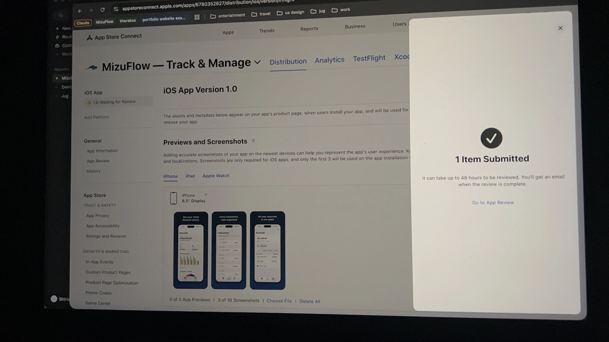 App Store Connect showing 1 item submitted for review.